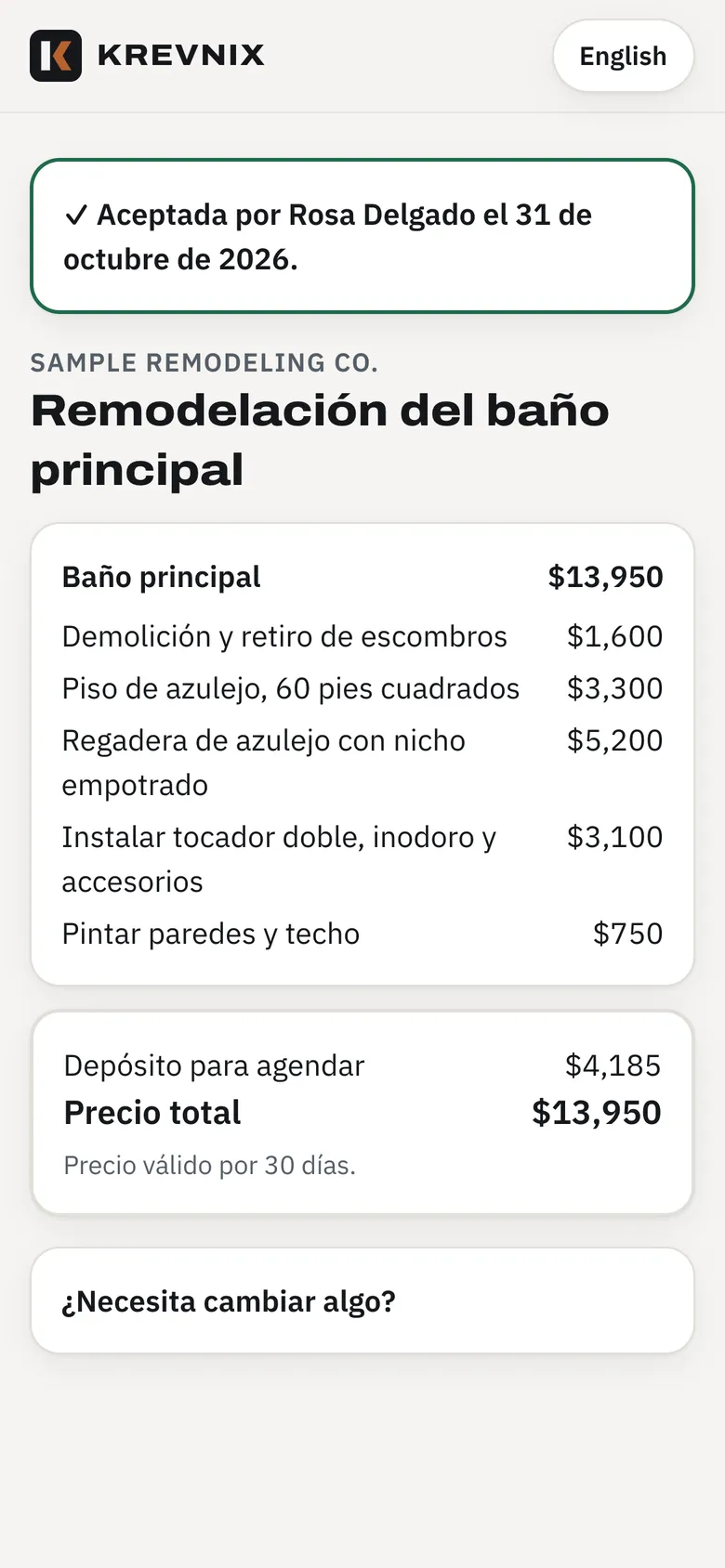 A proposal in Spanish, accepted on the homeowner's phone in the Krevnix app