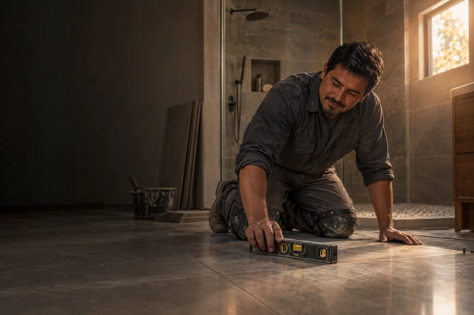 A remodeling contractor checking a new tile floor with a level