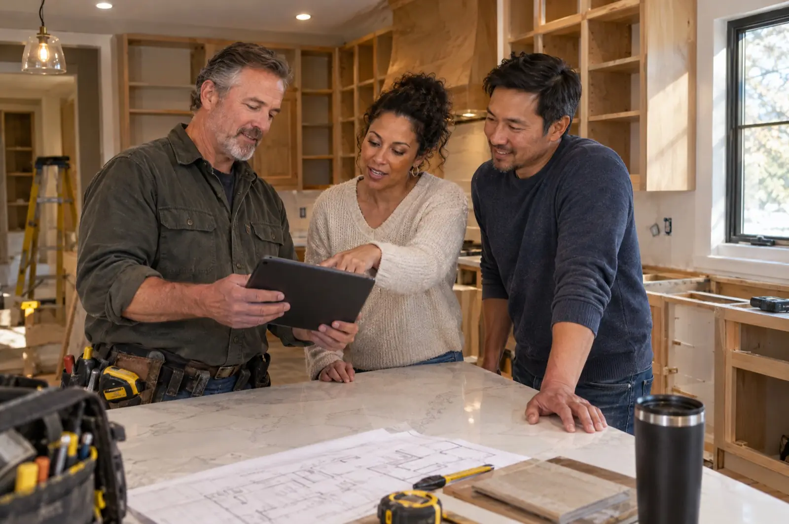 A contractor going over a job with homeowners at their kitchen island